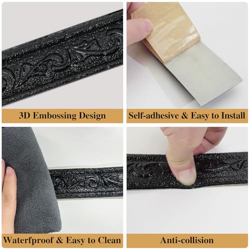 WADILE 360" x 1.57" 3D Wall Edging Self Adhesive, Pattern Molding Peel and Stick Wallpaper Border, Flexible Base Moulding Trim Mirror Border Lines, Black, 4PC by WADILE - Image 7