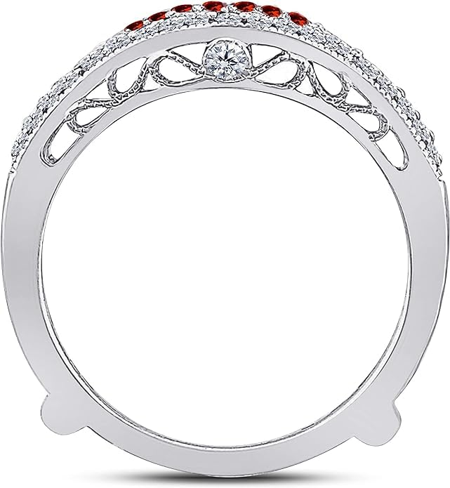 Created Real 925 Sterling Silver 14K Gold Finish Round Cut White Diamond & Red Garnet Double Row Pave Set Halo Enhancer Guard Ring Engagement Gift For Women2