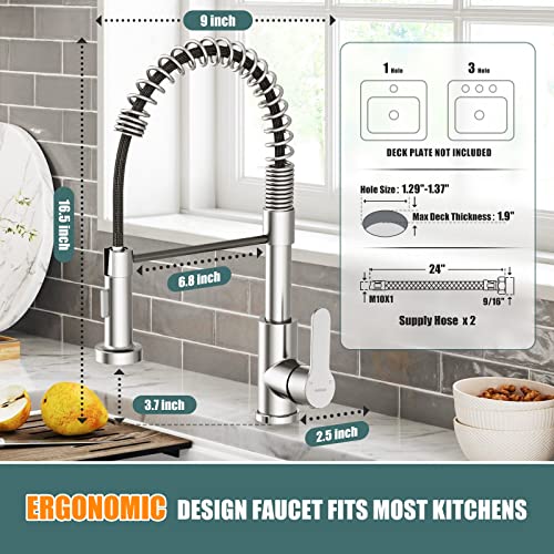Kitchen Faucet With Pull Down Sprayer, Kitchen Sink Faucets High Arc Stainless Steel Commercial Industrial Spring Single Handle One Hole Kitchen Faucet For Farmhouse Camper Laundry Utility Rv #TOP1