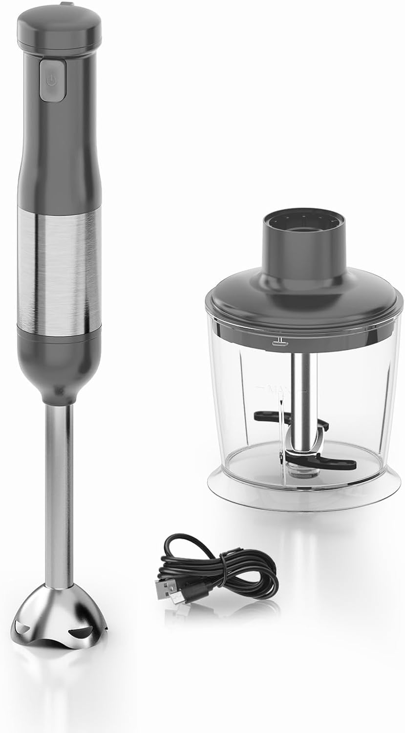 Cordless immersion blender handheld, 3-in-1 Variable Speed Hand Blender, Rechargeable with 2000mAh Battery and Accessories:Chopper, Cable,Grey
