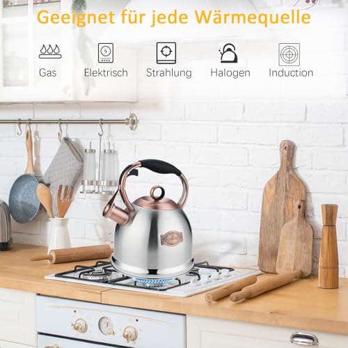 Flötenkessel Wasserkessel, 3L Edelstahl Pfeifkessel Mit Hitzebeständigem Griff, Pfeifender Kessel Für Induktionsherde – Ansicht 6