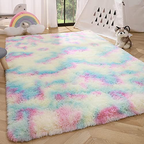 Wellber Soft Shaggy Rugs For Girls Room Decor,Girls Bedroom Rug, Tie Dye Kids Rug,Plush Fluffy Rug Fuzzy Carpet For Princess Children Teen Baby,Cute Colorful Rug For Nursery Dorm, 3X5 Feet #TOP1