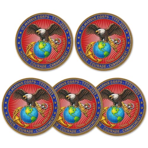 USA Marine Corps 250th Anniversary Challenge Coin - 1775-2025 Honor Military Coin - Double-Sided Eagle, Globe & Anchor Design - Coura Commitment Keepsake for Veterans & Marines（Pack of 5）