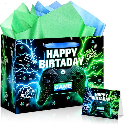 Video Game Birthday Gift Bag for Boys Men Game Theme Wrapping Paper with Tissue Paper Greeting Card Gaming Party Decorations Blue Green Gamer Gift Bags with Ribbon Handle for Baby Shower Supplies