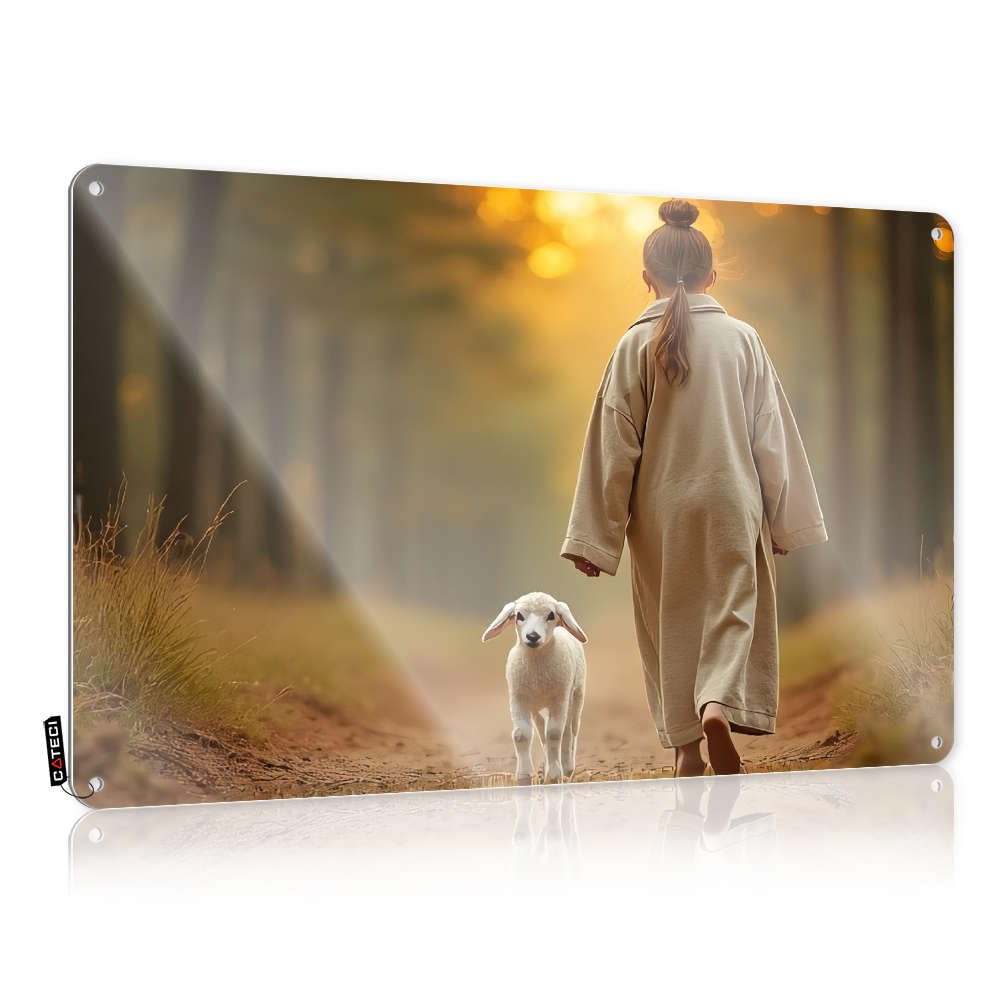 Sujd Men's Colour Plaque Tapestry Wall Decor | A Person Walks Hand-In-Hand With A Lamb On A Forest Path. Rustic For Backyard Home(30X40cm)