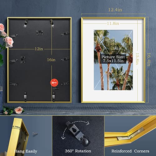 Image of VCK 12X16 Aluminum Picture Frames with Real Tempered Glass Set of 3, Gold Metal Poster Frames with Mat for 8x12 Picture or 12x16 without Mat, Wall Hanging