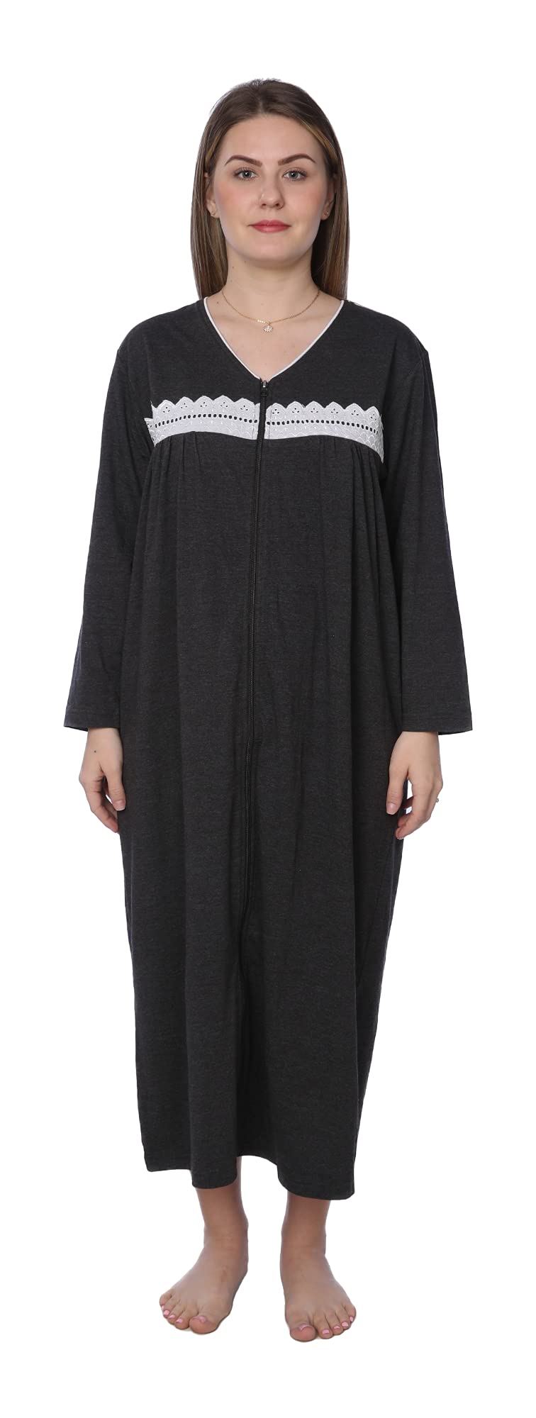 Women Jersey Long Zip Up Nightgown Robe Long Sleeve Elegant