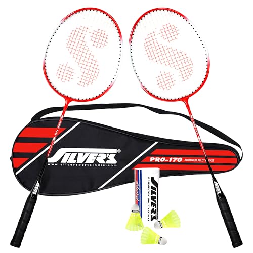 Image of Silver's Aluminium Pro-170 Badminton Kit (2 Racquets with Cover, 1 Box Shuttlecock Pack of 3), Red and White