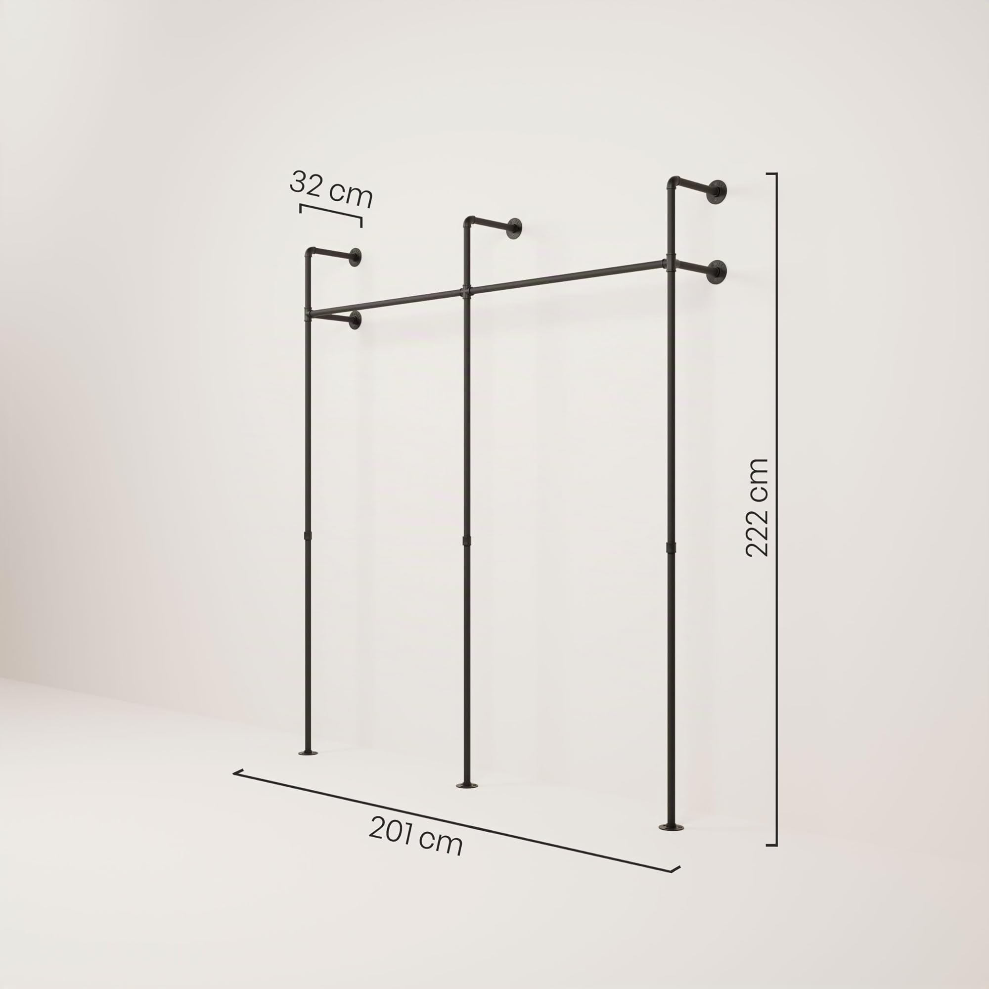 pamo Percheros Pared 201 cm – 240 kg I Armario Abierto Metal Negro I Perchero Burro Ropa Industrial I 222 cm × 32 cm I negro I Acero con Recubrimiento en Polvo MatteGuard
