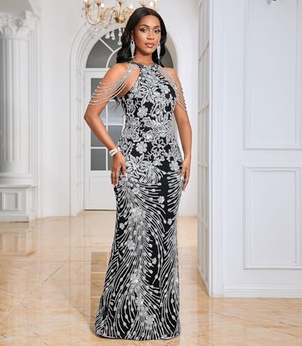 Image of Cololura Women Sexy Elegant Sequin Tassel Off Shoulder Halter Bodycon Maxi Dress Party Evening Gown Formal Dress