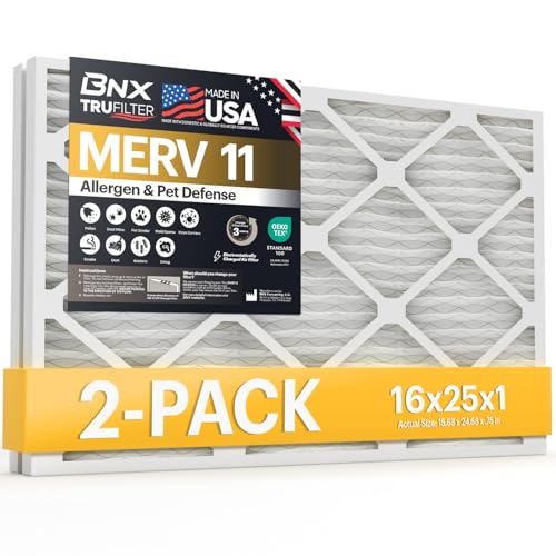 Image of BNX TruFilter 16x25x1 Air Filter MERV 11 (2-Pack) - MADE IN USA - Allergen Defense Electrostatic Pleated Air Conditioner HVAC AC Furnace Filters for Allergies, Dust, Pet, Smoke, Allergy MPR 1200 FPR 7