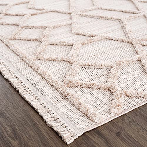 Image of Hauteloom Hive Farmhouse Living Room Bedroom Modern Moroccan Trellis Area Rug - Soft Shaggy High Low Carpet - High Pile - Bohemian, Boho - Gray, Brown, Beige, Cream - 6'7 inch x 9'