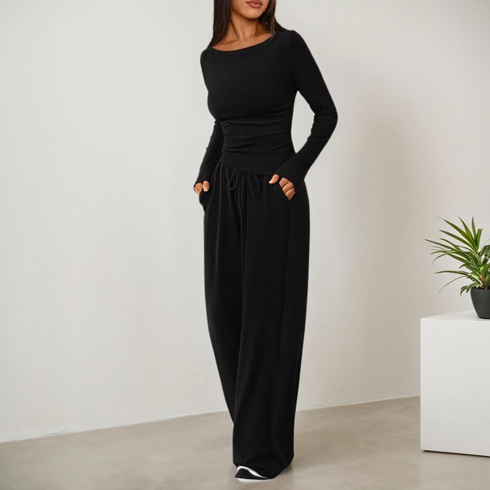 Conjunto Deportivo Mujer 2 Piezas Sudaderas Manga Larga y Pantalón Anchos Rectos con Bolsillo Cómodo Moda Color Sólido Mono para Fitness Jogging