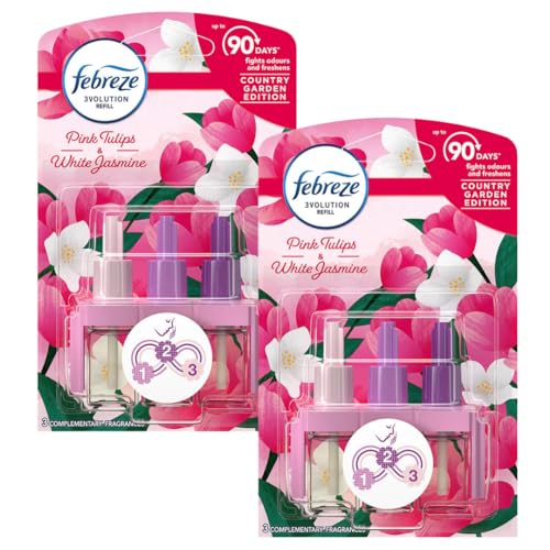 Febreze 3Volution Plug In Diffuser Air Freshener Refill - Home & Office Complementary Fragrances - Pink Tulips & White Jasmine 20ml - Box of 2