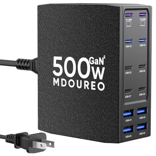 500W USB C Charger Block, 12-Port USB C Charging Station for Multiple Devices, Leather Texture Dual PD 65W Laptop Fast Charger Compatible with MacBook Pro/Air, iPad, iPhone,Galaxy and More, Black