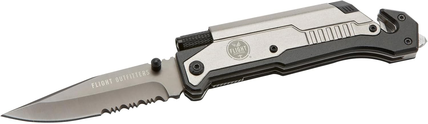 Flight Outfitters Pilot Survival Knife | Versatile Compact Durable Folding Pocket Knife with Stainless Steel Blade, LED Flashlight, Fire Starter, Seat Belt Cutter & Window Breaker