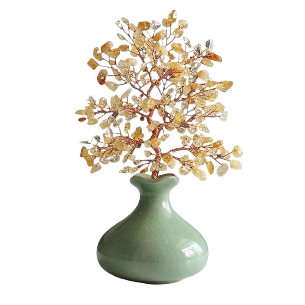 Fortune Crystal Trees Gemstone Money Tree with Ceramic Small Vase, Home Attracting Wealth Ornaments, Office Crystal Fortune(Beige)