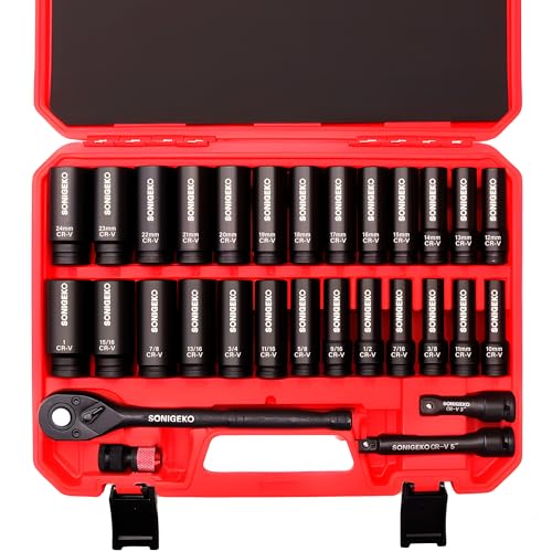 Image of 30-Piece 1 /2 inch Drive Impact Socket Set, 6-Point Deep SAE & Metric CR-V Steel Sockets with 3 inch, 5 inch Extension Bars, Ratchet Wrench & Bit Adapter