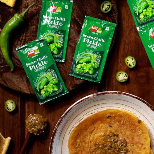 Image of Add Me Spicy hot Green Chilli Pickle achar 12gm sachet pouch chotu traveller pack (Pack of 48) 576 gm