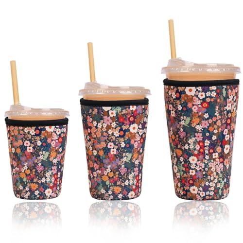 Image of Reusable Insulated Sleeve for Iced Coffee Cup, 3-Pack Coffee Neoprene Drink Sleeve for Cold & Hot Drinks, Beverage Holder for Iced Coffee (Flower Fantasy)