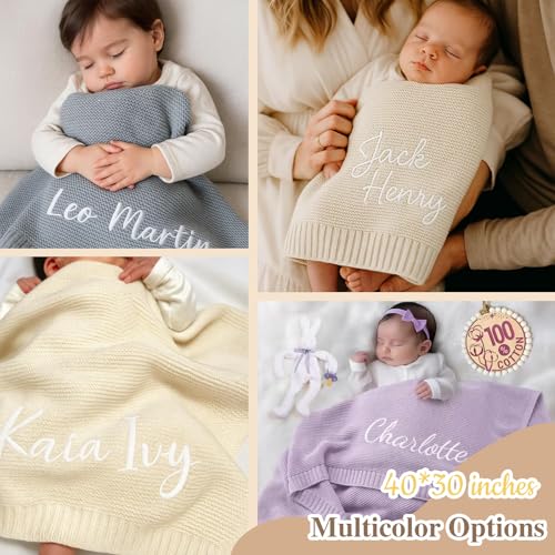 Personalized Embroidered Baby Blanket for Boys/Girls, Cotton Chunky Knit Customized Swaddle with Name, 40 * 30 inches, Handmade Receiving Nursery Blankets, Newborn, Birthday - Image 3