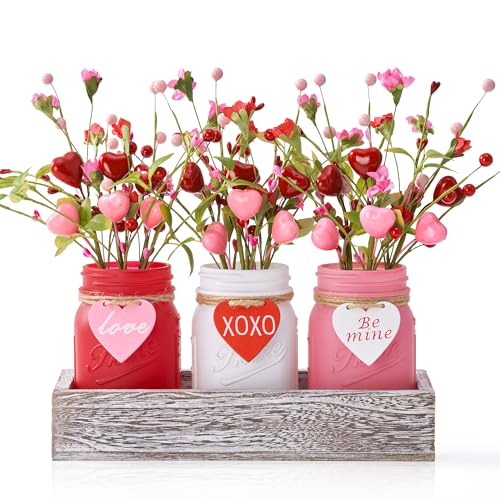 KIVIVO Valentines Day Table Decor, Centerpieces for Tables with 3 Mason Jars, Heart Artificial Flowers, Wood Tray, 16 Pcs Farmhouse Valentines Day Table Decorations Indoor for Home, Kitchen, Office
