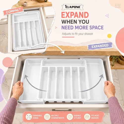 Image of CLAPONE Drawer Organizer Tray /Kitchen Expandable Utensil Tray /Adjustable Utensil Organizer /Cutlery Silverware Flatware Holder /Divider for Spoons Forks Knives Tableware (White, 2 Pieces)