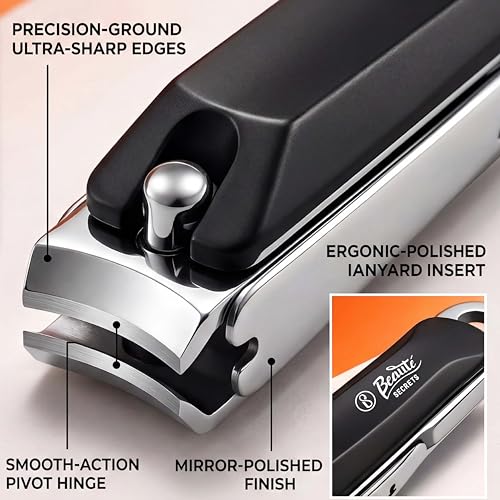 Image of Beaute Secrets Premium Nail Cutter for Men & Women | Stainless Steel Nail Clipper with Magnetic Case | Anti Splash Design | Sharp for Thick Nails, Black