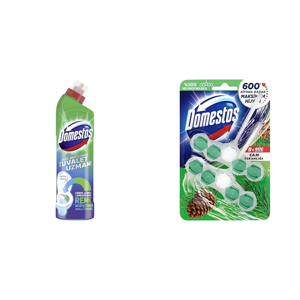 Domestos Tuvalet Temizleyici Renk Değiştiren Tuvalet Uzmanı Kireç Çözücü 750 ml 1 Adet(1) Domestos WC Blok 5'li Güç Çam Ferahlığı 600 Sifona Kadar Güçlü Temizlik 110 gr İkili Paket(3)