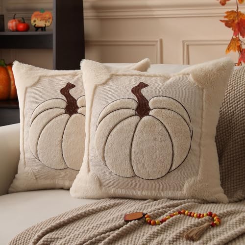 Allorry Fall Pillow Covers 20x20 Set of 2 Fall Beige Pumpkin Embroidery Throw Pillow Covers Soft Plush Faux Fur Cushion Covers for Sofa Bedroom Living Room Autumn Thanksgiving Home Decor PT-010A20