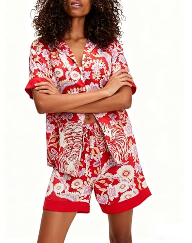 Image of Women Silk Pajamas Floral Satin 2 Piece Pajama Sets | Button Down Short Sleeve Shirt and Elastic High Waist Shorts, Vintage 2Pcs Pj Sets, Two Piece Lounge Set, Elegant Sleepwear