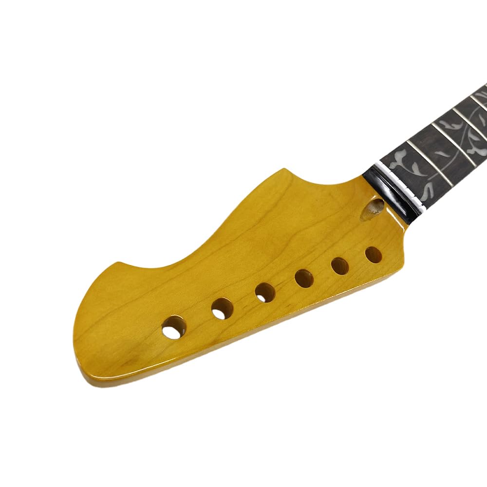 Manico di ricambio per chitarra elettrica, in acero con tastiera in palissandro, 22 tasti, scala da 65 cm, tacco imbullonato, finitura lucida gialla (intarsio in vite)