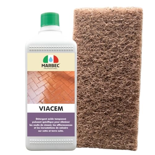 MARBEC VIACEM 1LT + TAMPON MARRON Détergent acide tamponné puissant pour la terre cuite. Il élimine les incrustations, les efflorescences et les coulis de ciment.
