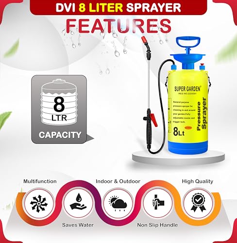 Image of Super Garden Dvi Super Garden Pressure Sprayer Used For Spray In Agriculture, Pesticides, Insecticides, Water Spray On Plants, Home And Commercial Use (8 Litre Tank)