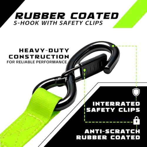 Image of Retractable Ratchet Straps (2-Pack) - Heavy Duty Auto Slow Retraction Tie Down Straps - 1 Inch x 13 Feet (1,800lb Break Strength) for Truck, Cargo Trailer, Motorcycle, ATV, UTV - Fluorescent Green