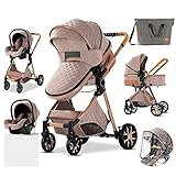 3 in 1 Reisesysteme Kombikinderwagen 3 in 1 Tragbarer Reisekinderwagen Faltbarer Kinderwagen Aluminiumrahmen Hohe Landschaft Auto für Neugeborene Babyboomer Poussette (225 Khaki)