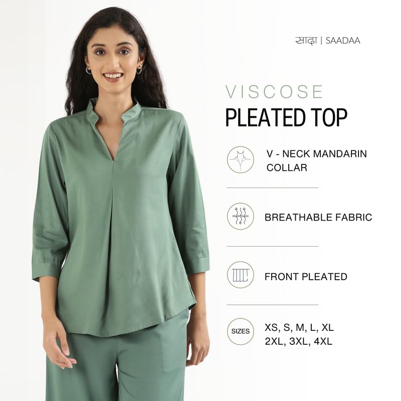 Image of SAADAA Top for Women, Viscose Pleated Tops, V-Neck with a Collar, 3 /4 Sleeve Length, Office & Casual Wear