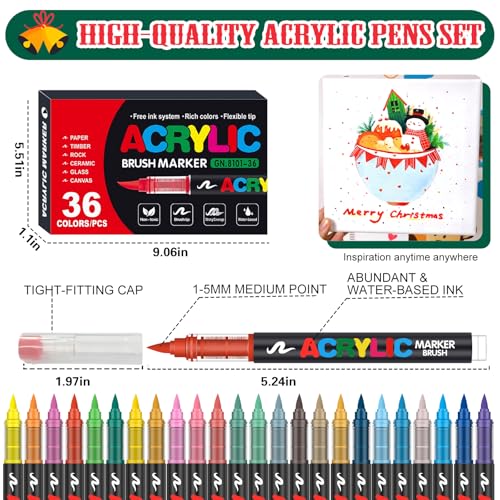 Image of Acrylic Paint Markers, Soft Brush Tip Pens and Markers, Acrylic Paint Pens for Wood, Stone, Canvas, Glass, Fabric, Egg, Rock Painting and DIY Craft Art Supplies (36)