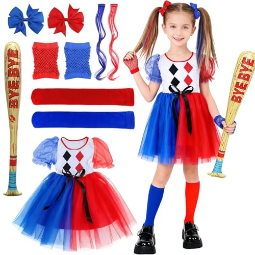 Quinn Disfraz para Niñas, Chicas Villano Suicide Traje, Quinn Cosplay de Halloween Disfraz, con falda de tul lazo el pelo Pelucas Béisbol Hinchable para Carnaval Fiesta de Cosplay (Rojo y azul, L)