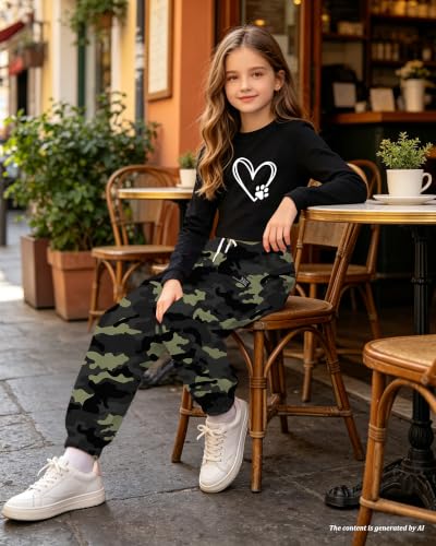 Image of Betusline Girls Fall Winter Clothing Sets, Long Sleeve Crop Top & Cargo Jogger Pants 2 Piece Outfit Sets,4T-14Y