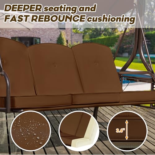 Image of 3 in 1 Outdoor Porch Swing with Adjustable Canopy, 3 Seat Outdoor Swing for Adults, Patio Swing Chair with Thickened Cushions,Pillows & Cup Holders for Backyard, Porch, Garden (Brown)