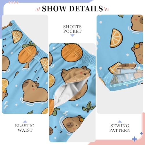 Cute Capybara with Oranges Blue Pajama Pants Lounge Sleep Pants Elastic Waist Long Pajama Bottoms with Pockets for 6-14 Years4