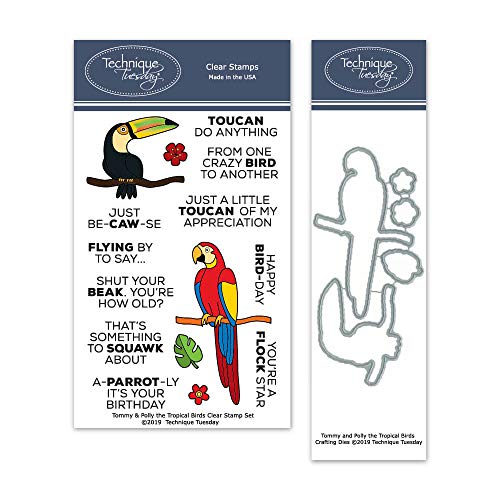 Tropical Birds Stamp Set with Matching Dies - Photopolymer Stamps | Clear Rubber Stamps | Die Cuts | Crafting Dies | Stamp and Die Set | Card Making Supplies | Tommy & Polly