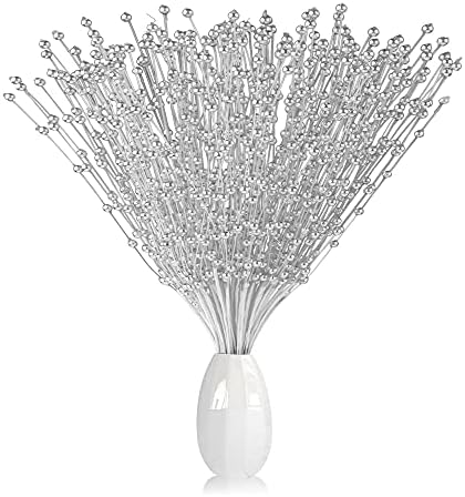 EOPER 60 Pieces 4mm Pearls String Wedding Bouquet Floral Beaded Sticks for DIY Bride Bouquet, Wedding Party Garland Decor, Table Centerpiece, Sliver