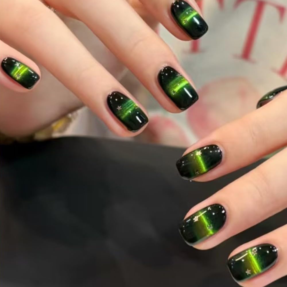 Uñas Postizas Cuadradas Verde Ojo de Gato 24 para uds Uñas Postizas