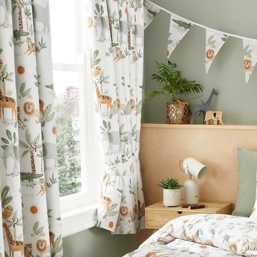Happy Linen Company Ensemble de rideaux pour enfants avec animaux de la jungle Safari en ivoire 66 x 54 pouces à œillets pour tringle, totalement doublés,...