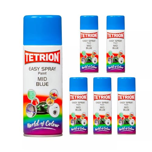 Image of Tetrion Easy Spray Paint - Mid Blue 400ml (Pack of 6) - All-Purpose Fast Drying Acrylic Spray for Wood, Metal, Plastic, Ceramic & More, Smooth Base Coat - Indoor & Outdoor Use, 13.5 Oz