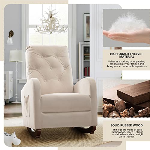 Bostana Rocking Chair Nursery,Upholstered Velvet Glider Chair With High Backrest & Rubber Wood Legs & Side Pocket,Rocker Armchair For Livingroom,Bedroom,Lounge #TOP6