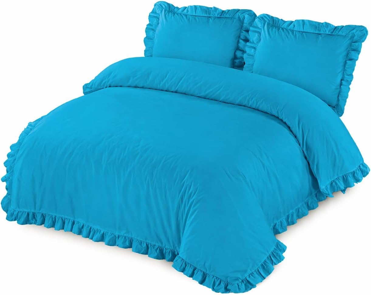 Homes-Linen Teal Santiago Frilled Duvet Set Easy Care Polycotton Plain Dyed Frill Duvet Cover Set (Double, )