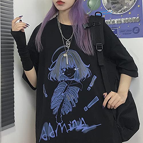 Women Summer Gothic T-Shirt Anime Aesthetic Print Harajuku Fashion Casual Tops: X-Large Black2